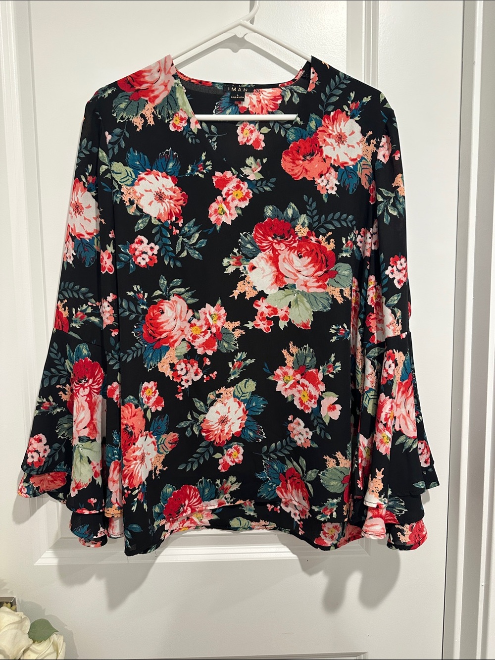Floral Bell-Sleeve Blouse in Black with Pink & Red Flowers